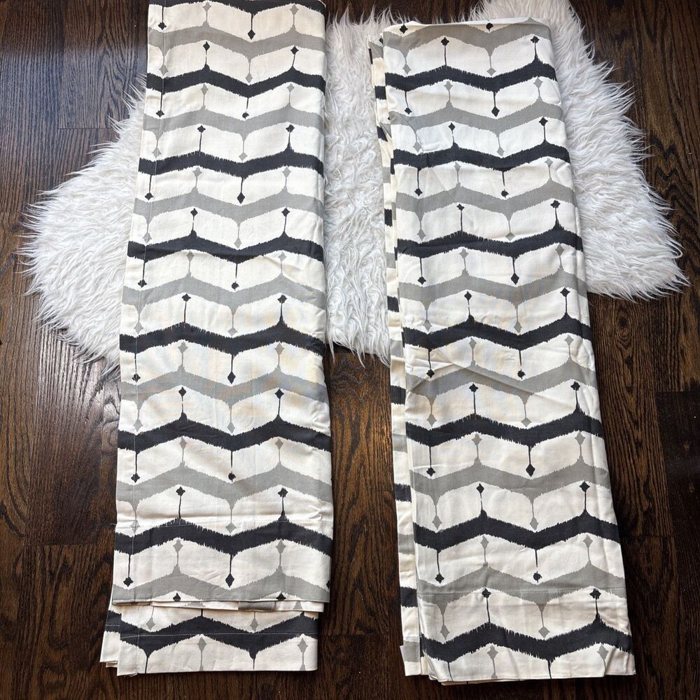 West Elm 48”x84” Curtain Panels Pair Gray Black Ivory Geometric Cotton Drapes